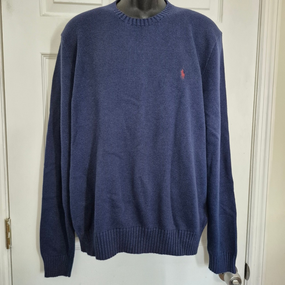Polo Ralph Lauren Mens XL Navy Blue 100% Cotton Crewneck Sweater Red Pony Logo